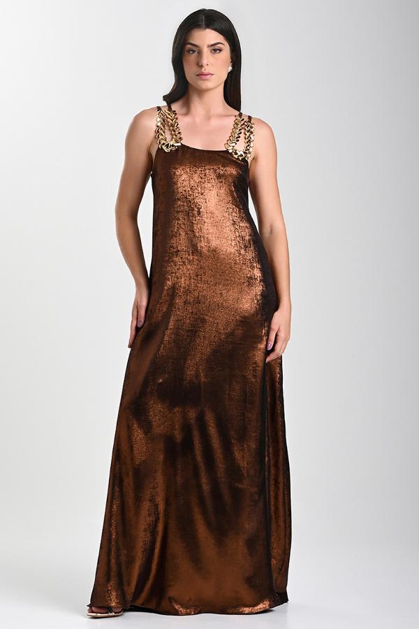 VESTIDO COLOR COBRE CON  ACCESORIO