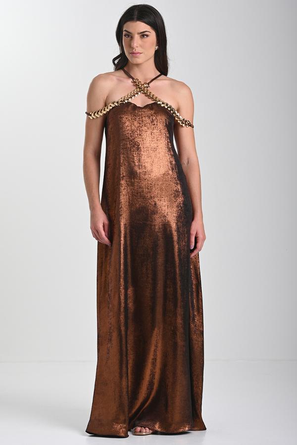 VESTIDO COLOR COBRE CON  ACCESORIO