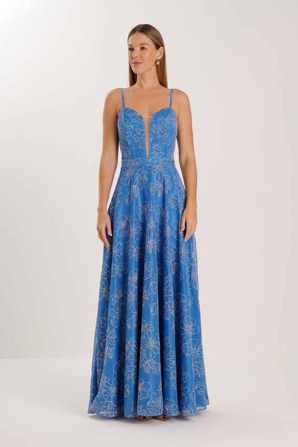 VESTIDO AZUL CON BORDADO FLLOR
